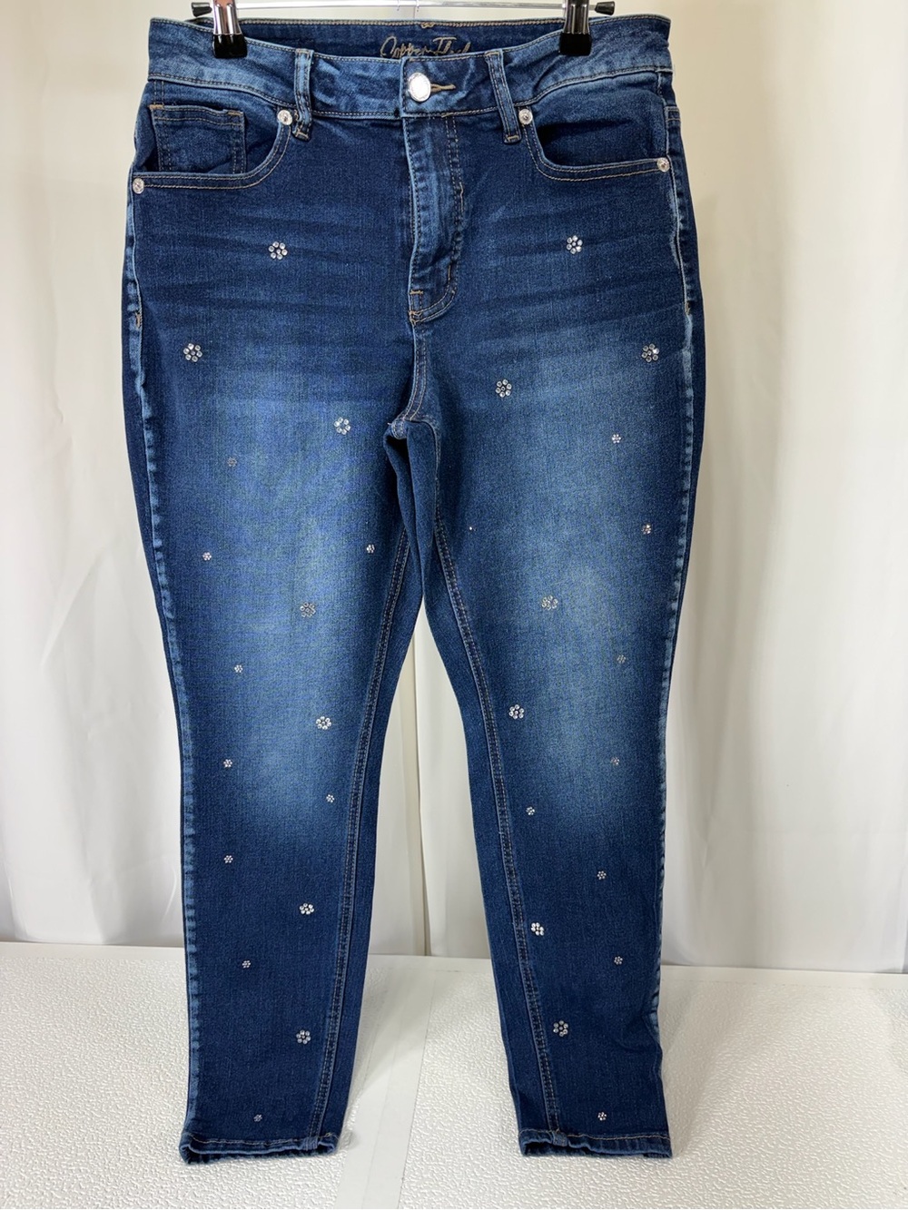 Christopher & Banks Dark Blue Skinny Jeans with Rhinestone Flower Accents 3426
